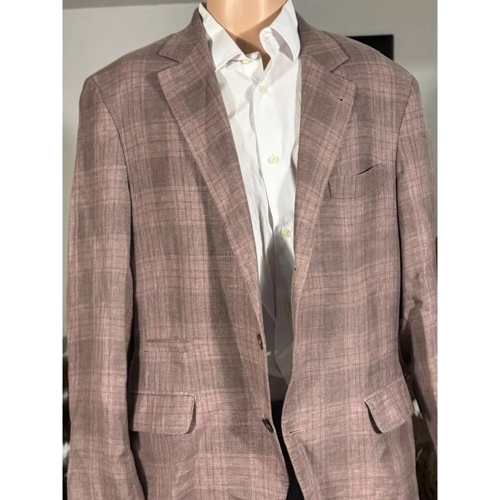 Brunello Cucinelli Peach Taupe Plaid Blazer Sport Jacket 52 IT 42R US Linen Silk